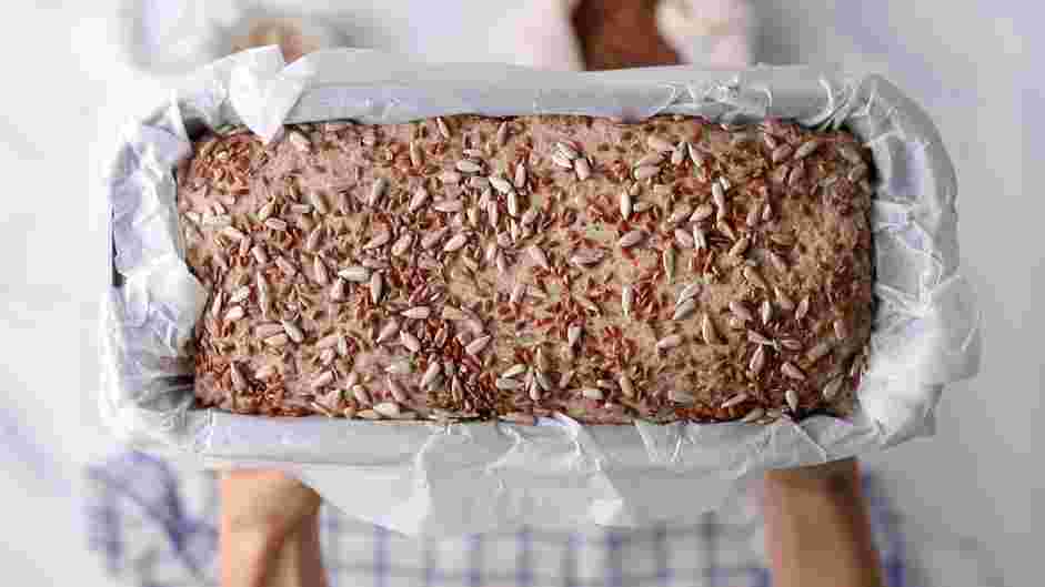 Gluten Free Bread Recipe: Sprinkle the top of the dough with the sunflower and flax seeds.