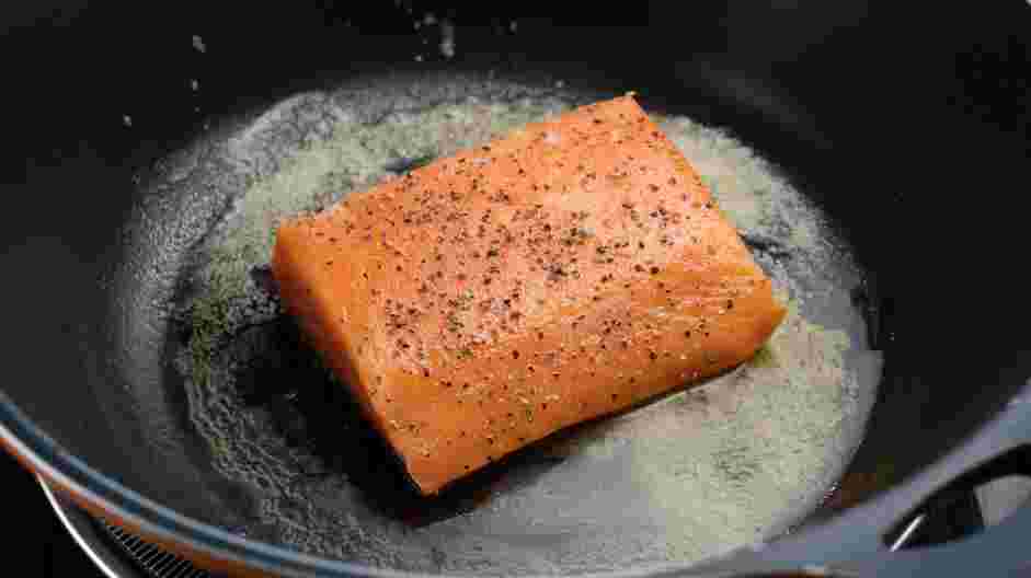 Lemon Butter Salmon Recipe: If the salmon filets have skin, cook skin-side up for 4 minutes and then flip over and cook skin-side down for another 4 minutes, or until the internal temperature is at least 145&deg;F.