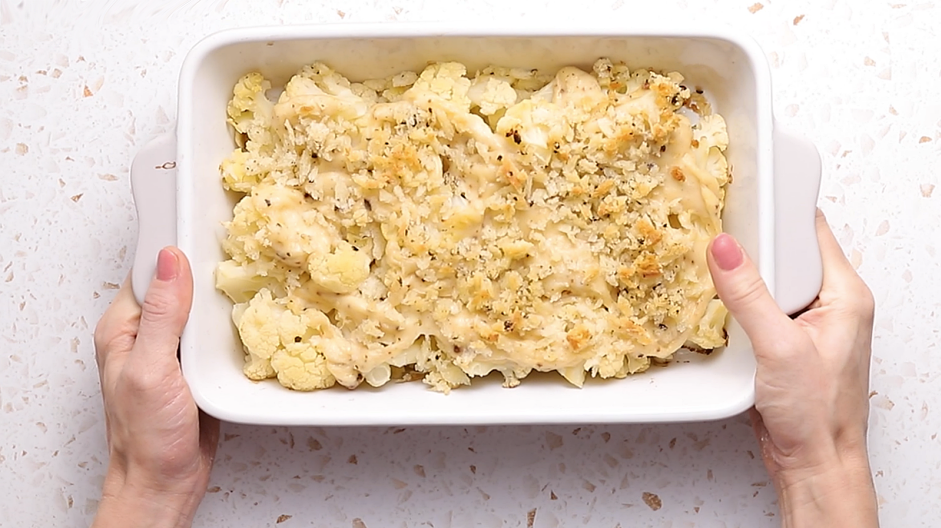 Cauliflower Gratin Recipe: Bake at 400&deg;F for 20-25 minutes, or until the bread crumbs are golden and the cheese sauce is just starting to brown.