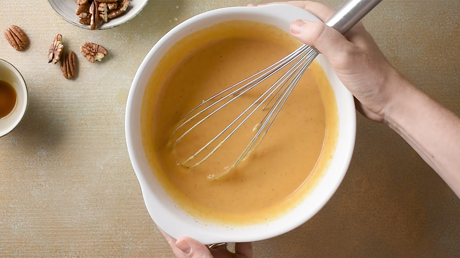 Crustless Pumpkin Pie Recipe:
Whisk in the pumpkin puree and sweetened condensed milk.