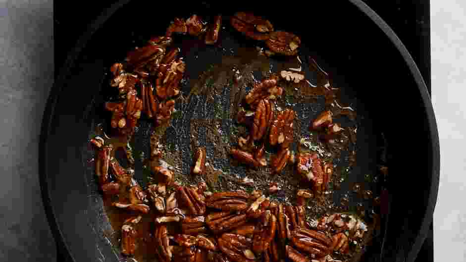 Crustless Pumpkin Pie Recipe: 
Stir in the pecans, coating each piece with the syrup.