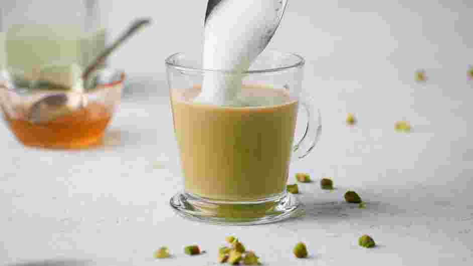 Pistachio Latte Recipe: Top the latte with six ounces of steamed pistachio milk.