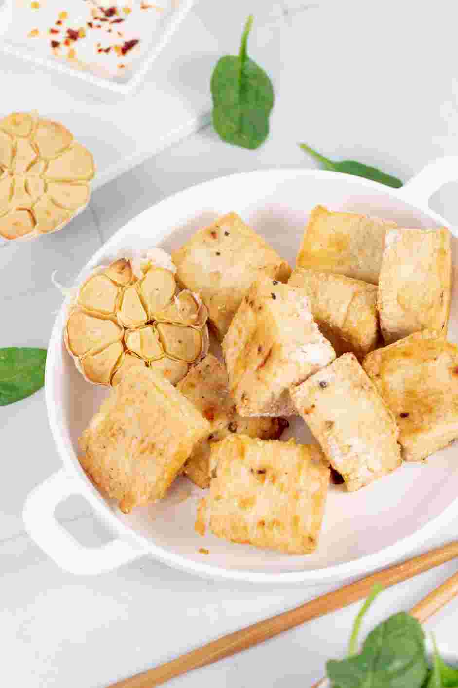 Crispy Baked Tofu Recipe:  Serve the crispy baked tofu immediately paired with a dipping sauce or added as extra protein to your meal.