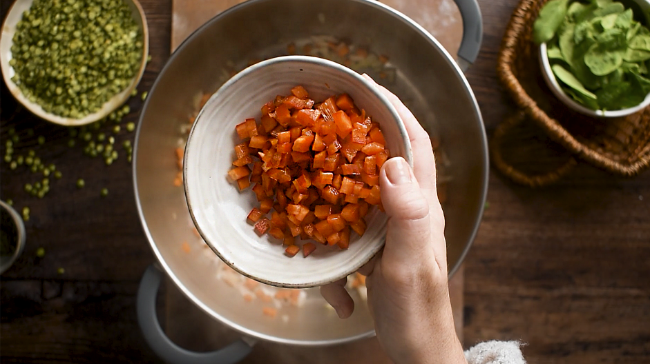 Vegan Lentil Soup Recipe: Add the red bell pepper and sauté until softened, about 3 minutes.