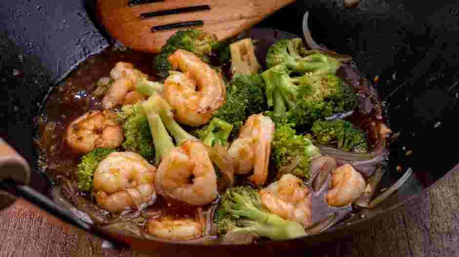 Shrimp and Broccoli Recipe: Add the reserved soy sauce mixture to the skillet and cook until the sauce is slightly thickened, about 1 minute.