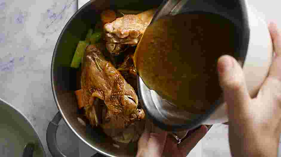 Turkey Stock Recipe: 
Place the roasting pan between two burners and add two cups of filtered water.