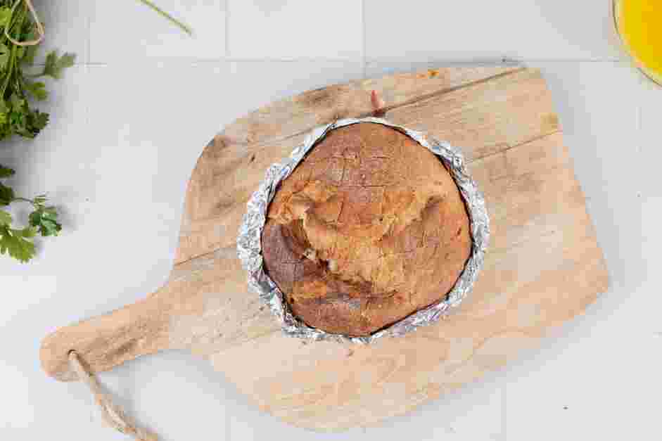 Pull Apart Bread Recipe:
Wrap the bottom half of the bread with aluminum foil.