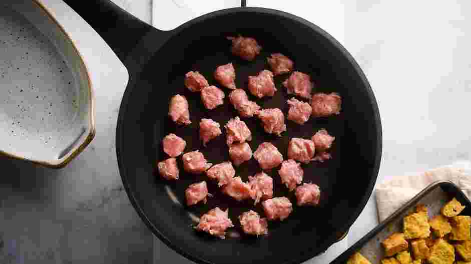 Sausage Stuffing Recipe:
In a large skillet over medium heat, cook the sausage until browned and cooked through.