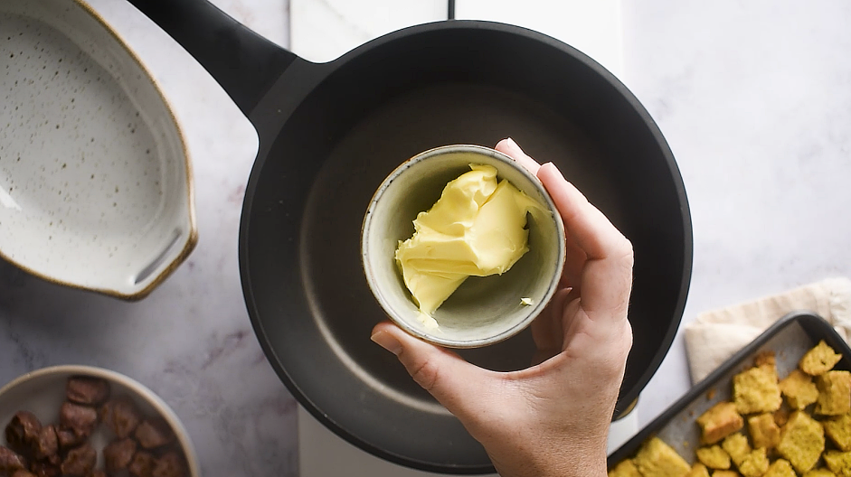 Sausage Stuffing Recipe: Add the butter to the same skillet and melt the butter.