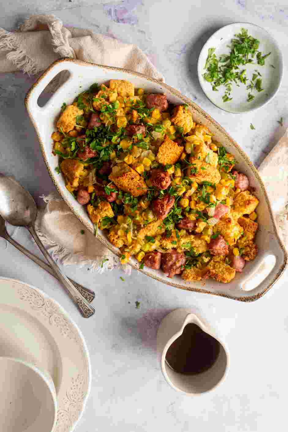 Sausage Stuffing Recipe:
Sprinkle the fresh parsley over the sausage stuffing for garnish and serve hot.