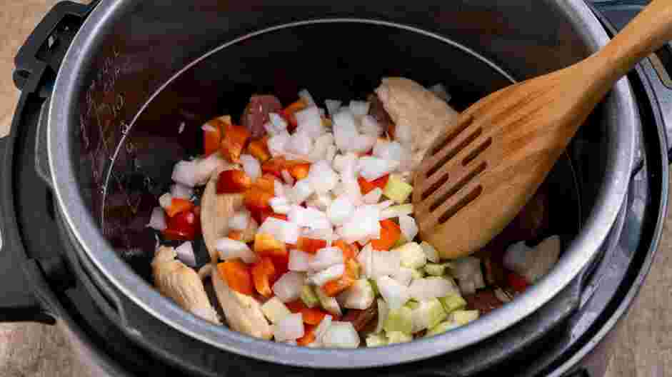 Instant Pot Jambalaya Recipe: Add the bell pepper, onion and celery.