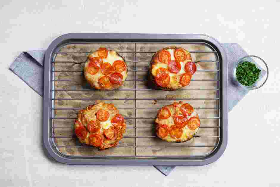 Portobello Mushroom Pizza Recipe: Bake for 20-25 minutes until the mushrooms are tender and the cheese is melted.