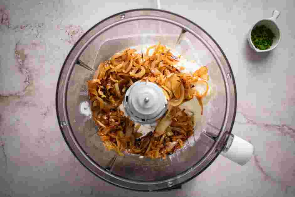 Caramelized Onion Dip Recipe: In the bowl of a food processor, add the cream cheese, sour cream, mayonnaise, Greek yogurt and the caramelized onion mixture.