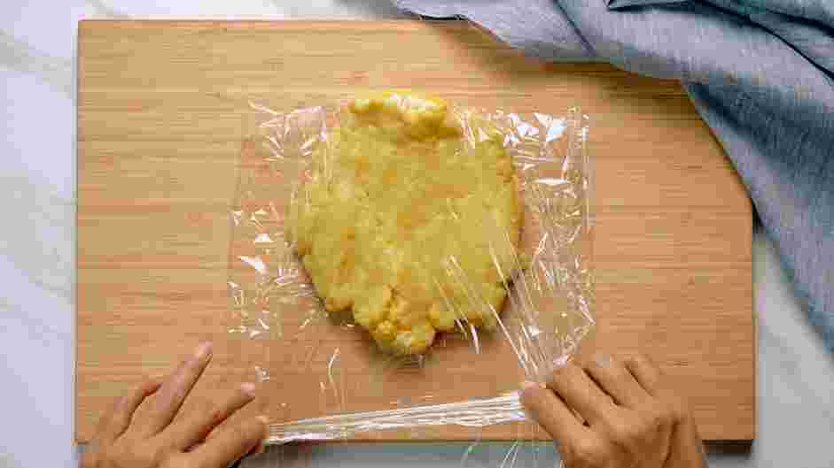 Pear Galette Recipe:
On a sheet of plastic wrap, transfer the flour mixture.