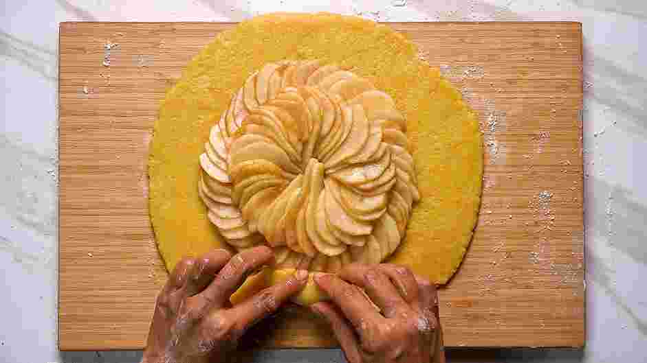 Pear Galette Recipe:
Leaving a 2 to 3-inch border from the edge, arrange the pears in a circle on the outer edge of the dough.