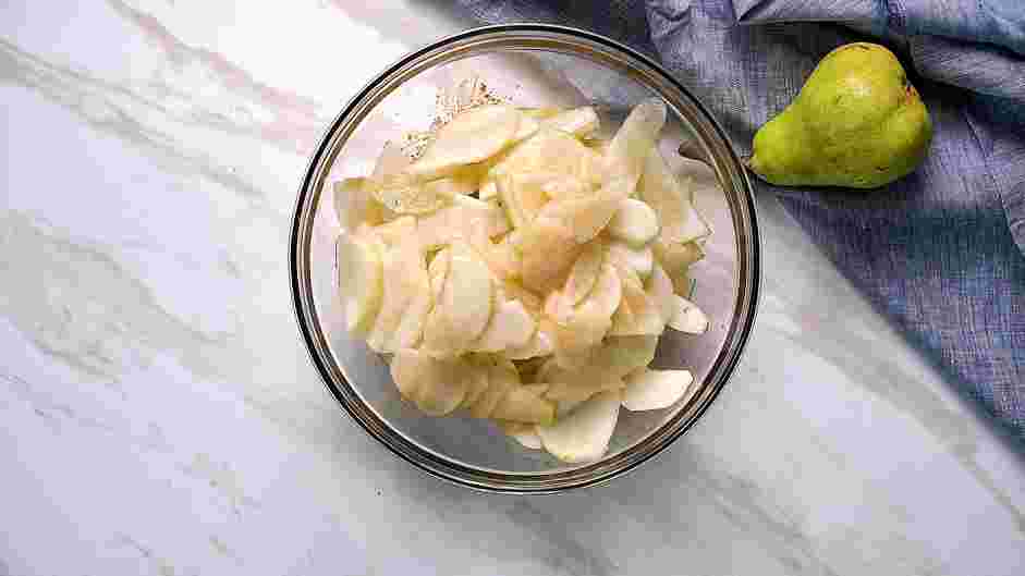 Pear Galette Recipe:
Peel, core and thinly slice the pears.