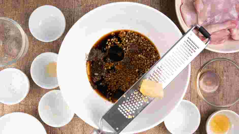 Chicken Bulgogi Recipe: In a mixing bowl, whisk together the soy sauce, brown sugar, honey, mirin, lemon-lime soda, garlic, ginger, sesame oil and black pepper.