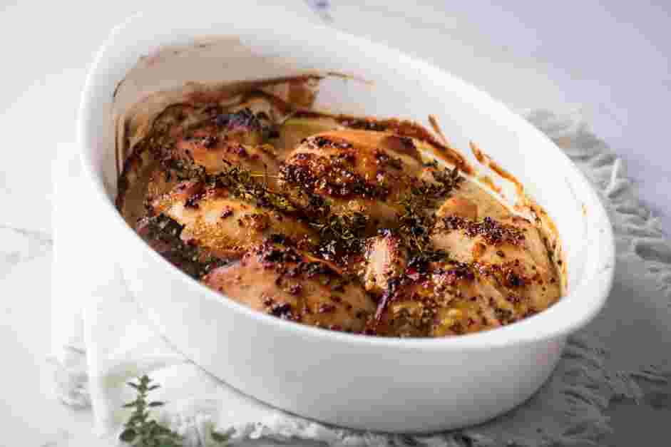 Honey Mustard Chicken Thighs Recipe:
Bake the chicken thighs from 40-50 minutes or until the chicken is cooked through and the internal temperature of the chicken is at least 165°F.