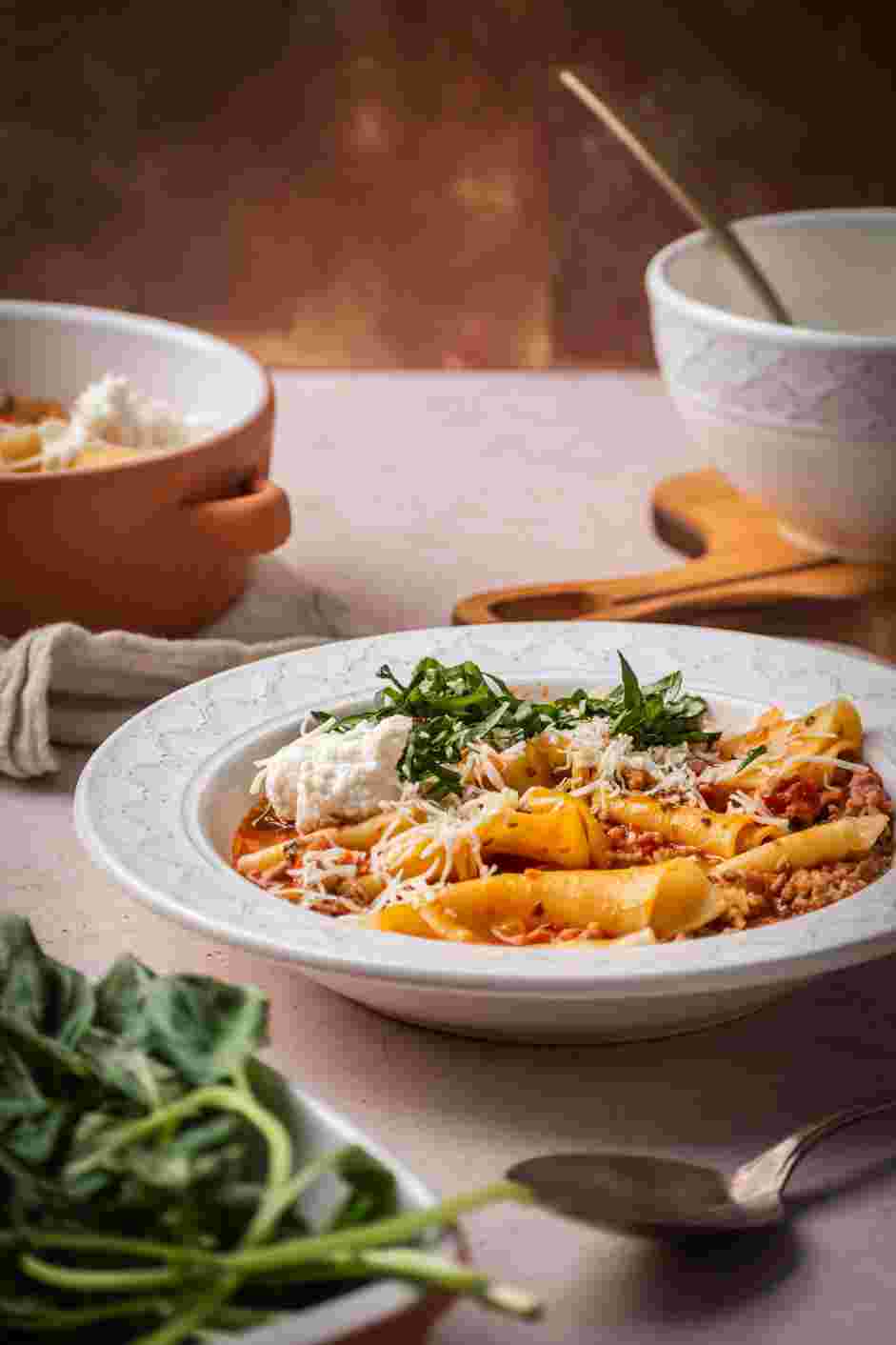 Instant Pot Lasagna Soup Recipe: 
Ladle the soup into bowls, add a dollop of the cheese topping, sprinkle with mozzarella cheese and the chiffonade basil.