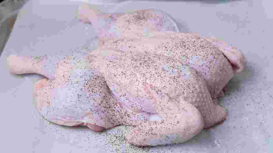 Brick Chicken Recipe:
Remove the chicken from the refrigerator and season with salt and pepper.