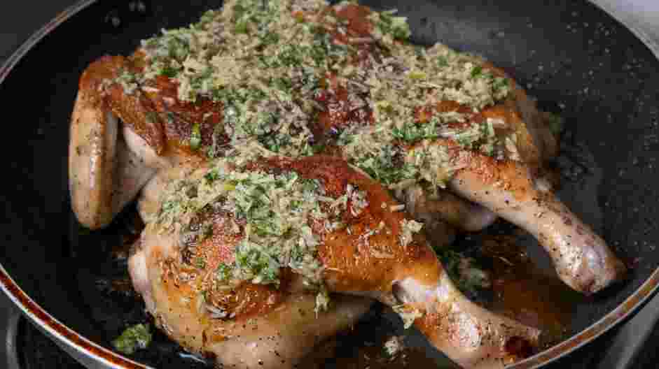 Brick Chicken Recipe:
Bake the chicken for 10 minutes, remove the chicken and slather the chicken with the reserved herb mixture.