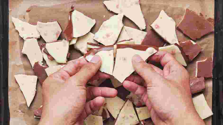 Chocolate Peppermint Bark Recipe: Break into pieces using either your hands or a mallet.