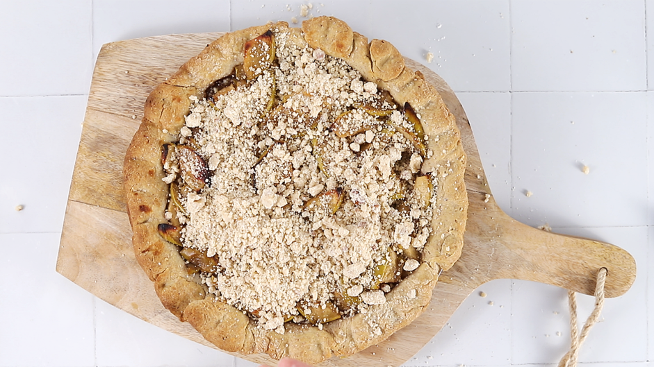 Apple Crumble Pie Recipe: 
After the pie has baked for about 30 minutes, remove the pie from the oven and top with the crumble topping.