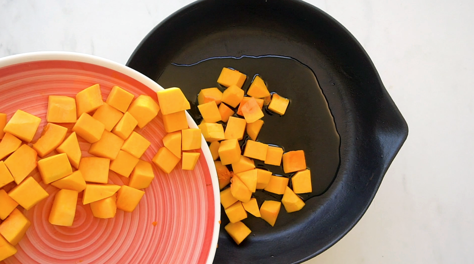 Sauteed Butternut Squash Recipe:
In a large frying pan over medium heat, heat the cooking oil.