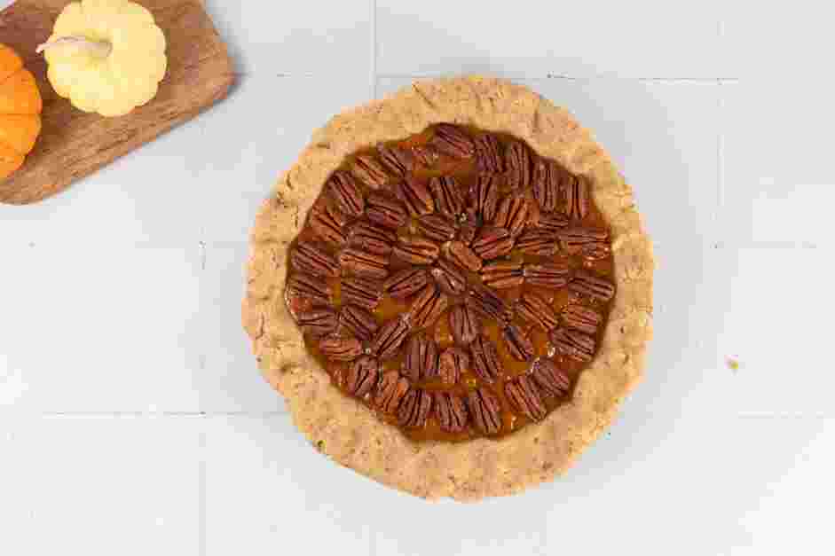 Pumpkin Pecan Pie Recipe: 
Arrange the pecan halves over the filling.