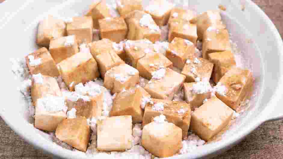 General Tso Tofu Recipe:
In a large shallow bowl, add ¼ cup of cornstarch.