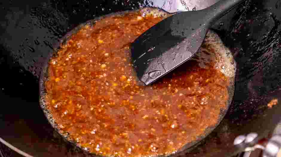 General Tso Tofu Recipe: 
Add the sauce mixture to the skillet and cook until the sauce thickens.