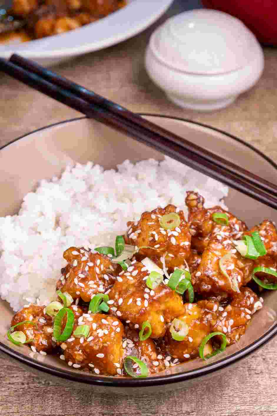 General Tso Tofu Recipe: 
Garnish with green onions and sesame seeds.