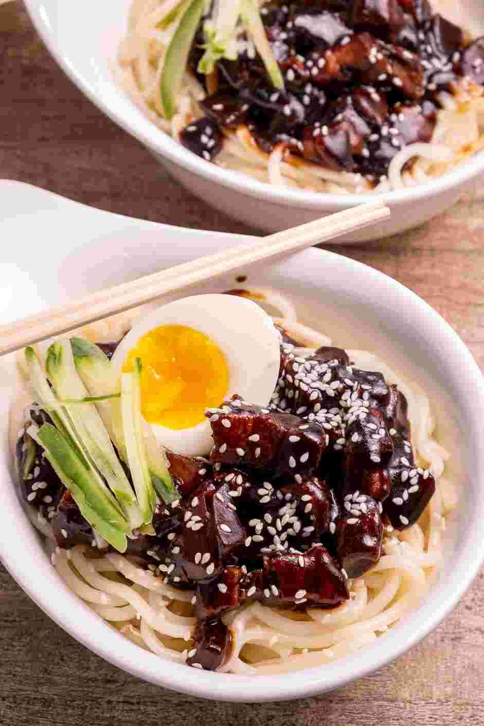 Korean Black Bean Noodles Recipe:
Top the noodles with the hot black bean sauce.