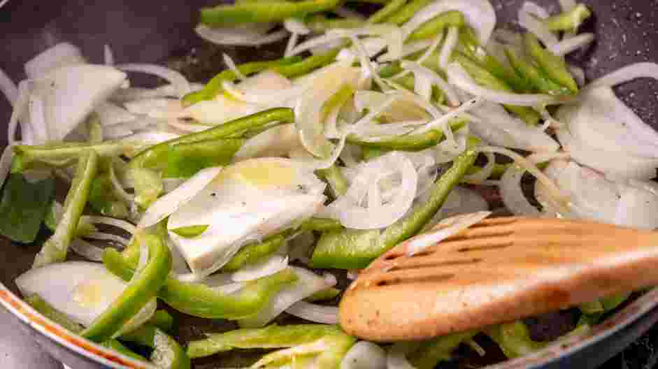 Philly Cheesesteak Sliders Recipe: 
Add the onion, bell pepper, salt and pepper to the skillet and cook until softened, about 7-8 minutes.