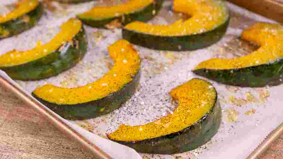 Roasted Kabocha Squash Recipe:
Bake for 30-35 minutes, flipping the kabocha slices halfway through, until tender and a fork easily pierces the flesh of the squash.