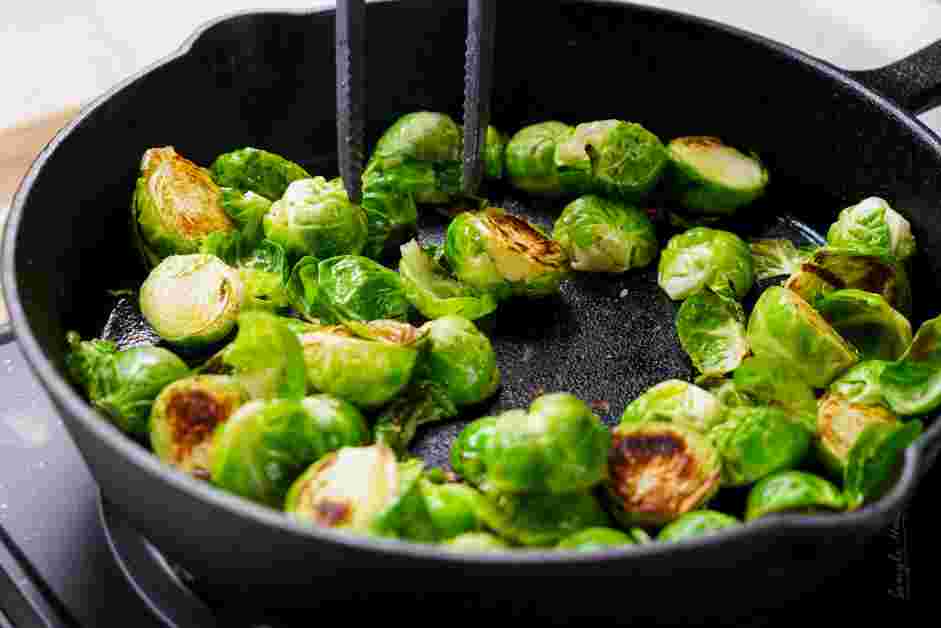 Brussels Sprouts and Bacon Recipe: Turn the heat up to medium and let the Brussels sprouts cook, undisturbed, for about 6 minutes, or until their cut sides are deeply browned.