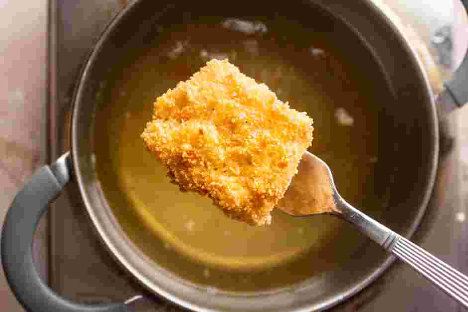 Fried Mac and Cheese Recipe: 
Fry the macaroni cubes on all sides until golden brown and crisp, about 5-7 minutes.