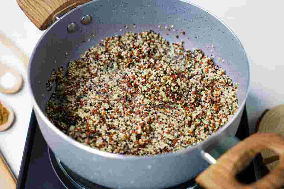 Rainbow Quinoa Bowl Recipe: 
Cook uncovered until most of the water has been absorbed by the quinoa, about 10-15 minutes.