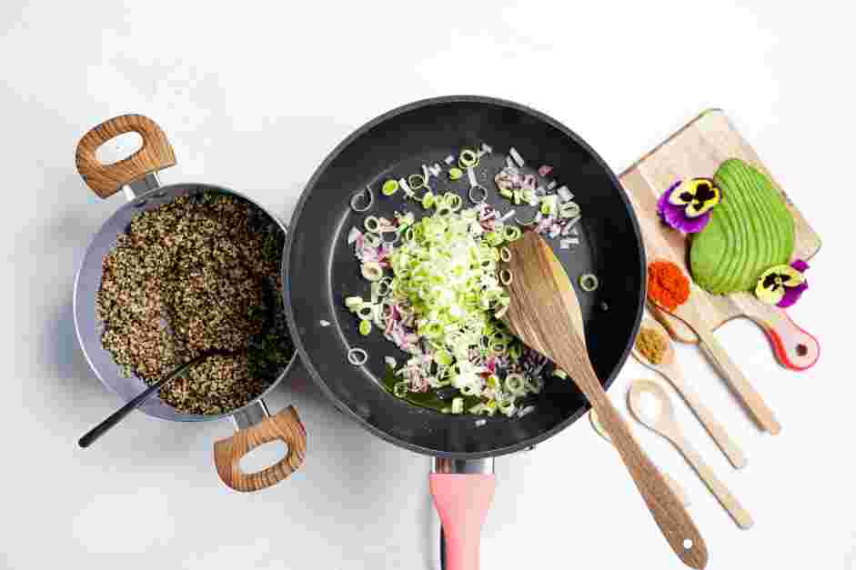 Rainbow Quinoa Bowl Recipe: Add the leeks and cook for 2 minutes, stirring frequently.