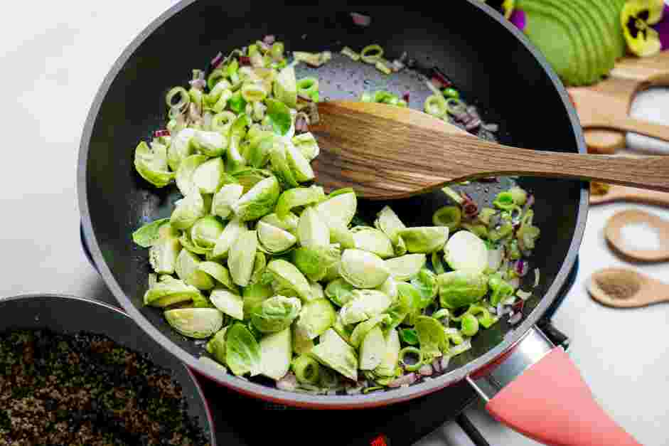 Rainbow Quinoa Bowl Recipe:
Add the Brussels sprouts and cook for 4 minutes.