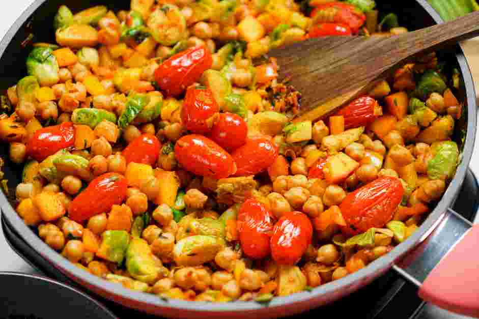 Rainbow Quinoa Bowl Recipe:
Reduce the heat to medium and stir in the grape tomatoes, thyme and basil.
