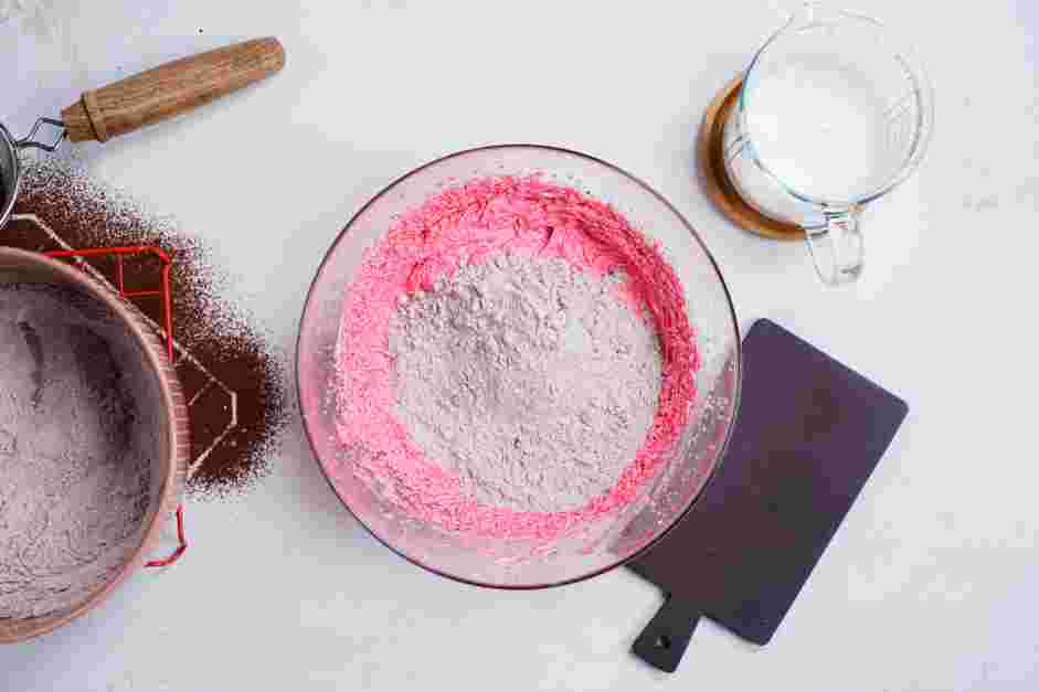 Red Velvet Whoopie Pie Recipe:
Add a third of the flour mixture into the egg mixture and mix on low speed just until combined.