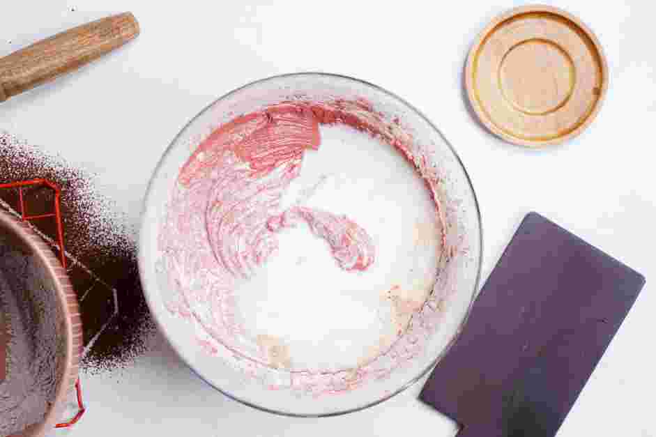 Red Velvet Whoopie Pie Recipe:
Add half of the buttermilk mixture and mix on low speed just until combined.