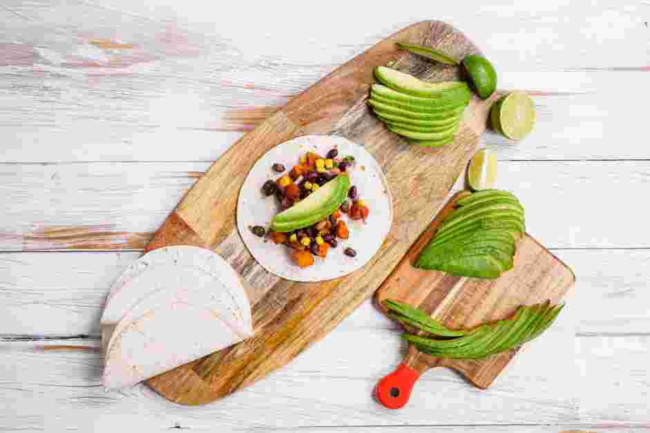 Sweet Potato Black Bean Tacos Recipe:
When the potatoes are done, assemble the tacos.