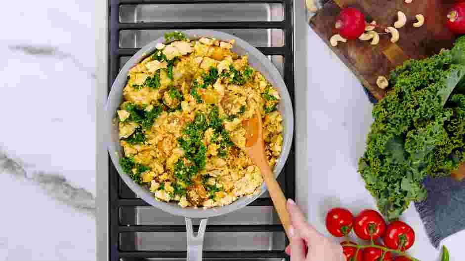 Vegan Breakfast Burrito Recipe: 
Stir in the potatoes, then gently fold in the cashew cheese so that it is evenly distributed but there are still distinct ribbons of cheese throughout.