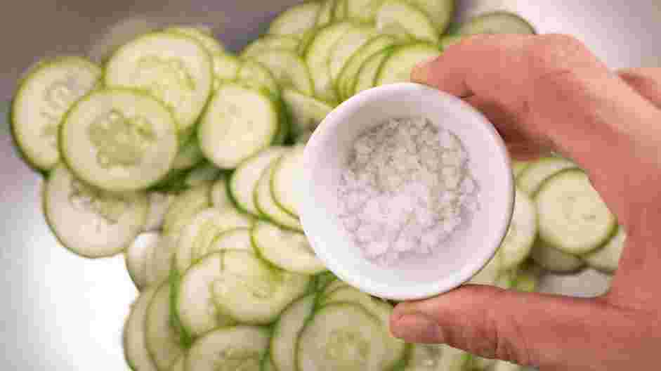 Korean Cucumber Salad Recipe:
In a large bowl, toss the cucumber and the kosher salt together and let sit for 15 minutes.