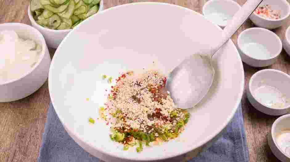 Korean Cucumber Salad Recipe:
While the cucumber is draining, make the dressing.