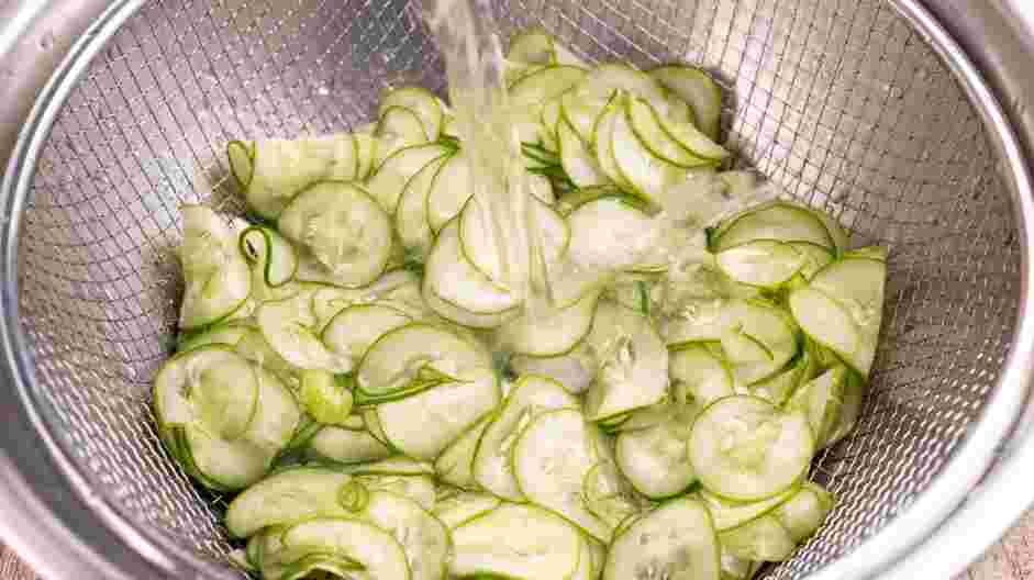 Korean Cucumber Salad Recipe: 
When the cucumbers have released their liquid, rinse the cucumbers in cold water and pat dry with paper towels.