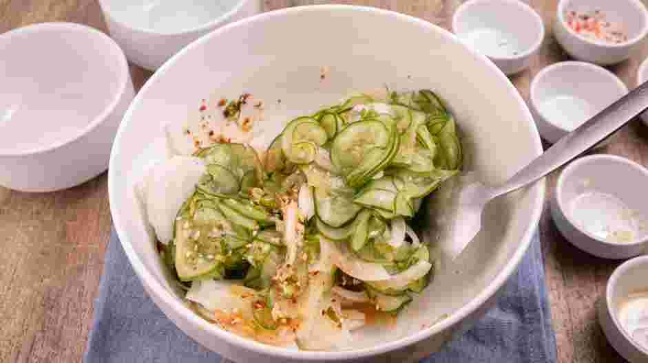 Korean Cucumber Salad Recipe: Toss the cucumbers with the dressing until well coated.