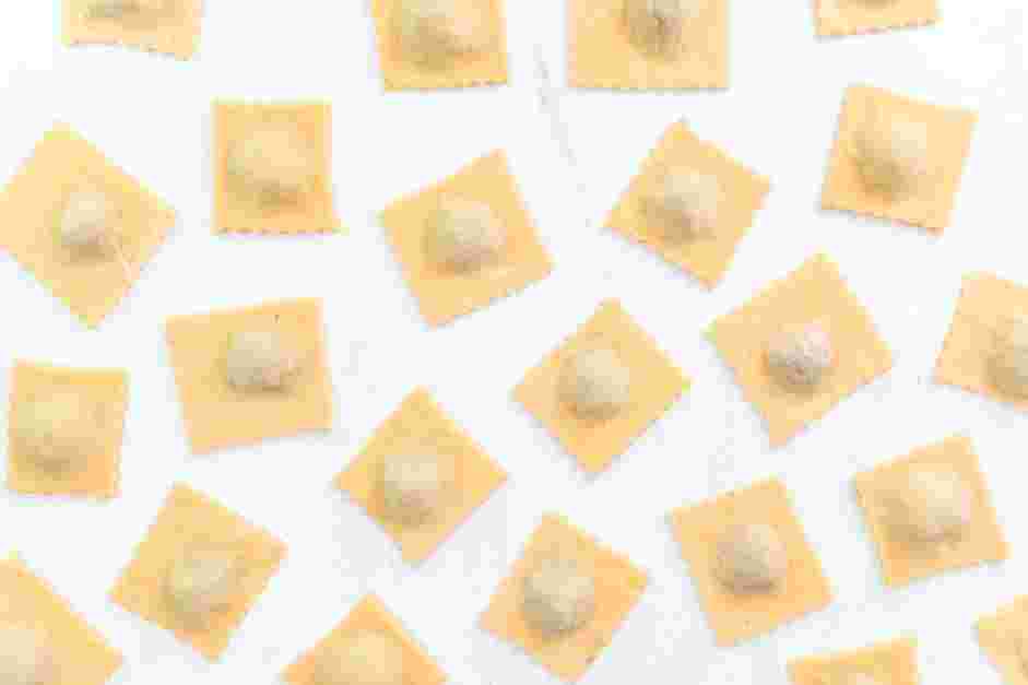 Mushroom Ravioli Recipe: Use a pizza cutter to cut between the mounds of filling, creating 9 individual ravioli.